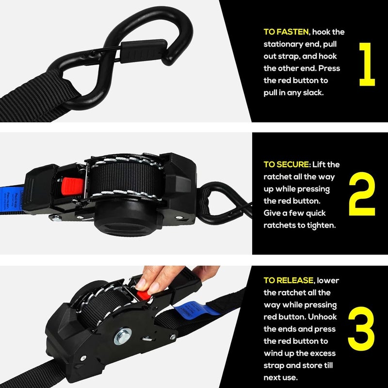 ANLU LOAD ANLULOAD Retractable Ratchet Strap(1 in x 9.8 ft),Ratchet Tie Down Strap for Motorcycles, Boats,Atvs,Utvs.W.L.L:700 Lbs/B.S:2,100 Lbs-(4Packs) (Black) - Image 4